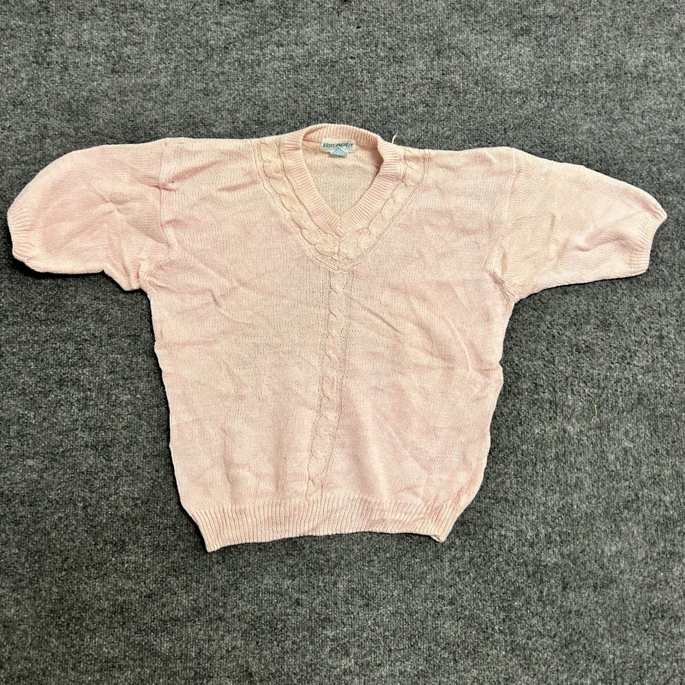 Krist Michele Sweater Womens Size L Pink Ramie Cotton Short Sleeve V-Neck Knit
